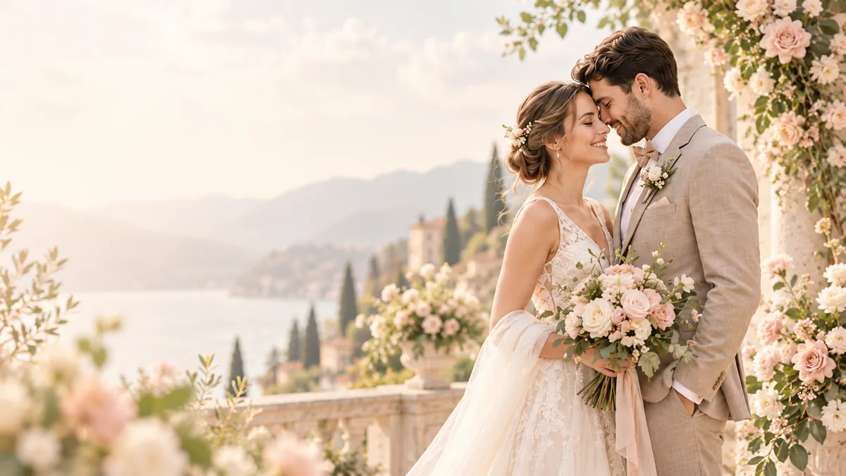 A bride and groom embrace on a flower-covered terrace above a lake
